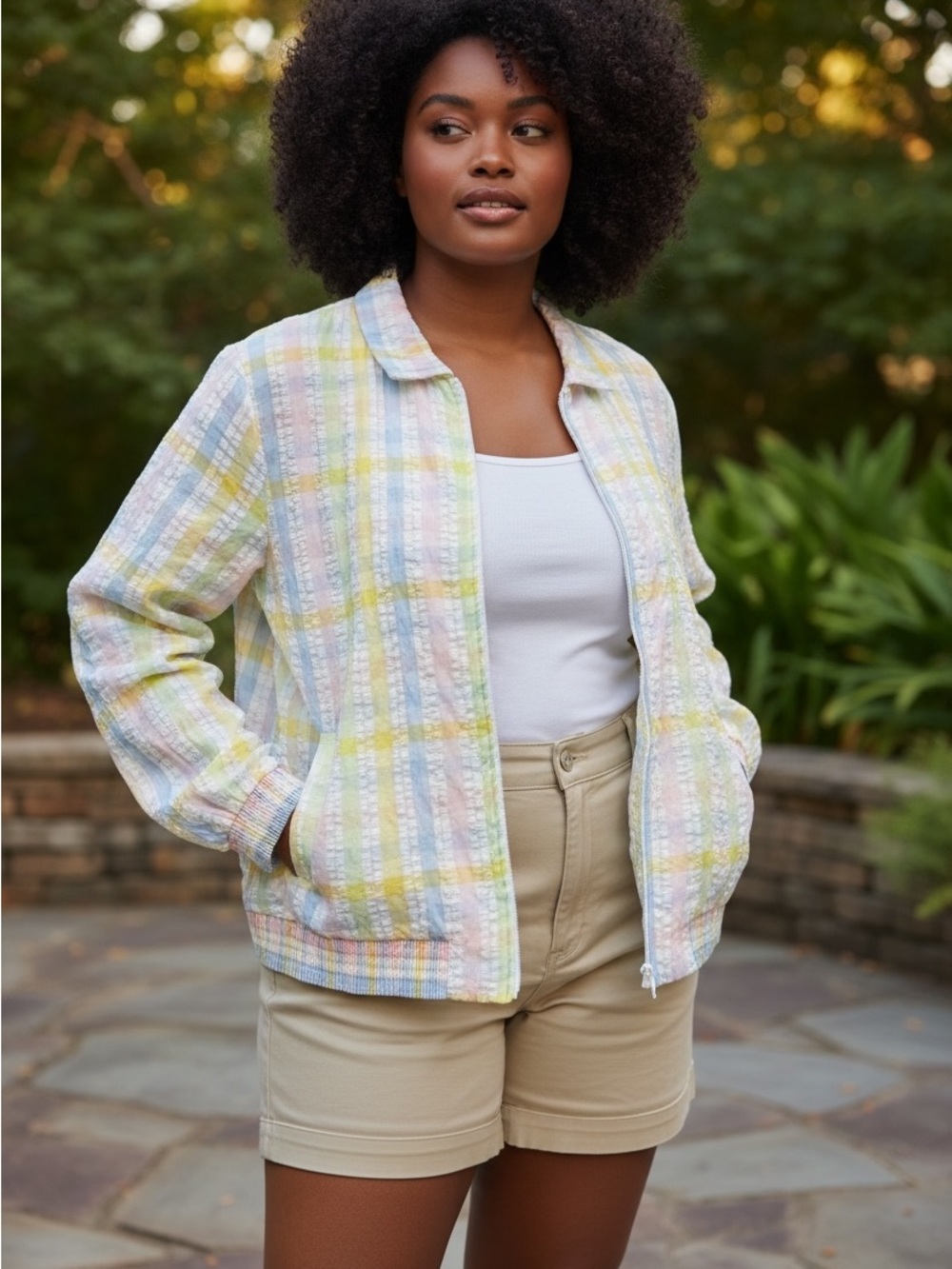 National Seersucker Plaid Jacket 1X Pastel Plus Sz Zip Front Jacket 100% Cotton